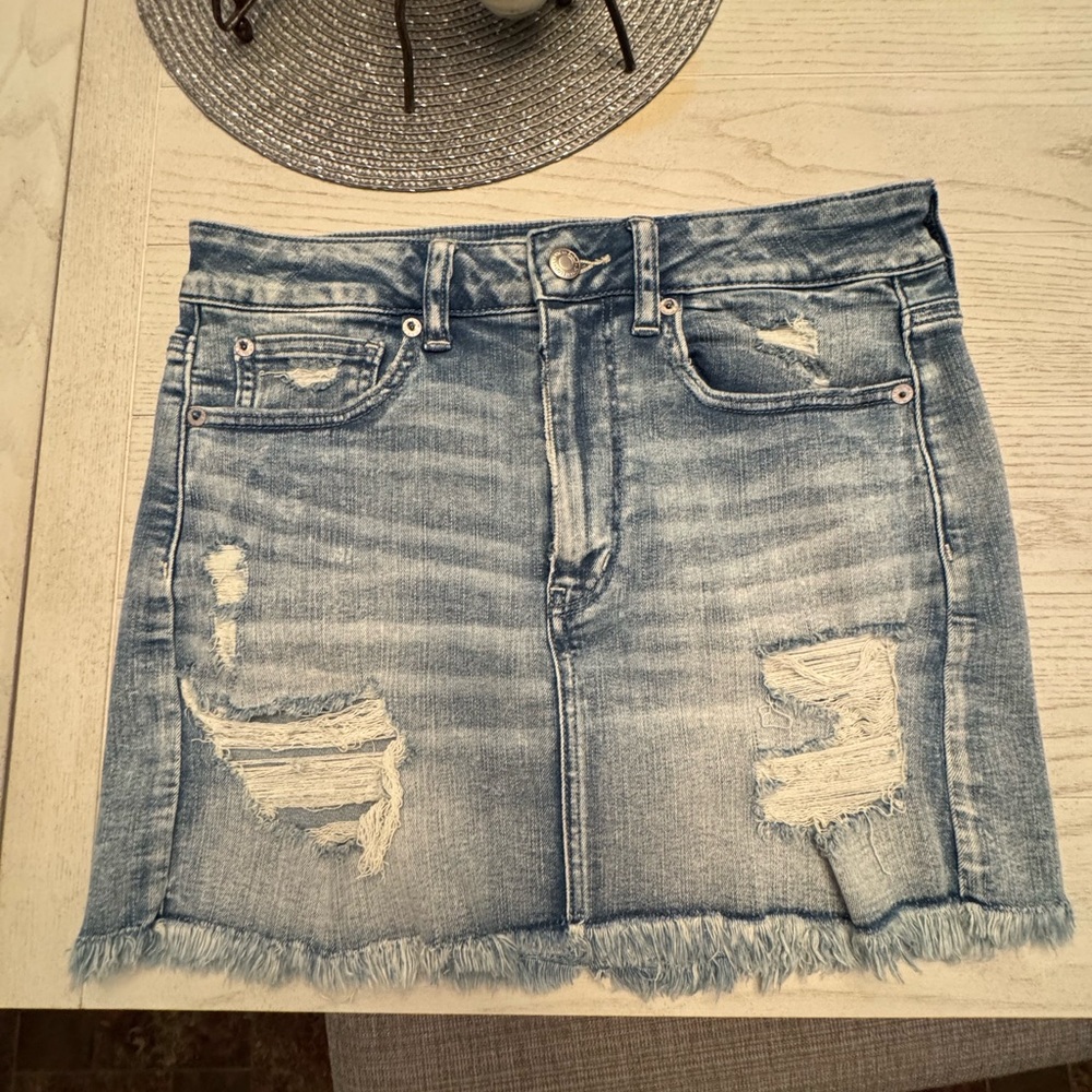 American Eagle Outfitters Light Blue Distressed Mini Skirt
